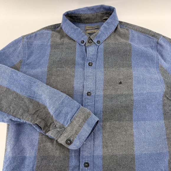Calvin Klein Mens M Slim Fit Light Flannel Blue Gray Plaid Long Sleeve - Picture 1 of 10